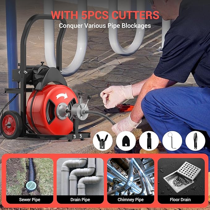 100Ft 3/4 Inch Cable Drain Cleaning Machine, 450W Auto Feed Portable Electric - Image 6