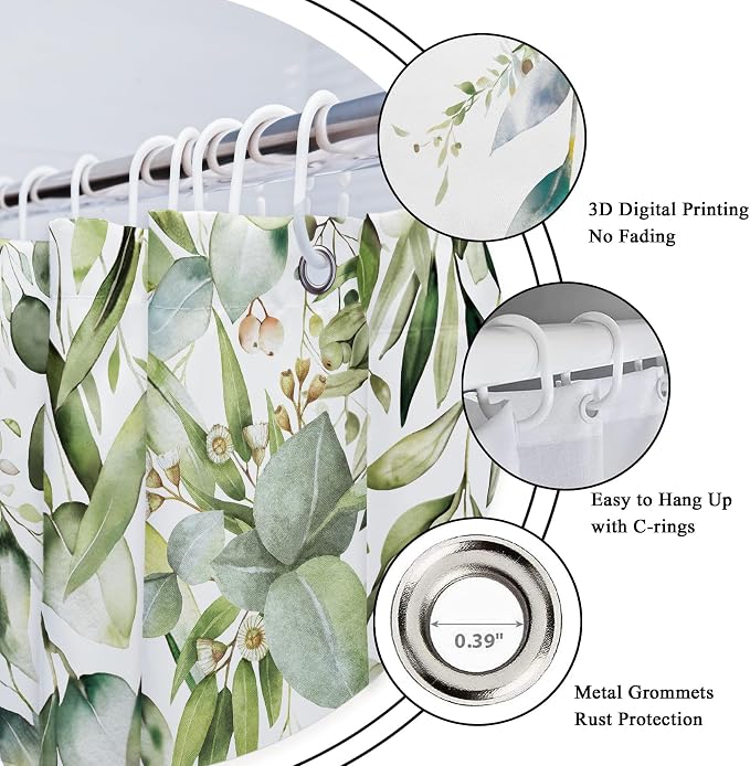 Riyidecor Green Eucalyptus 4Pcs Bathroom Shower Curtain Sets Plants Botanical - Image 6