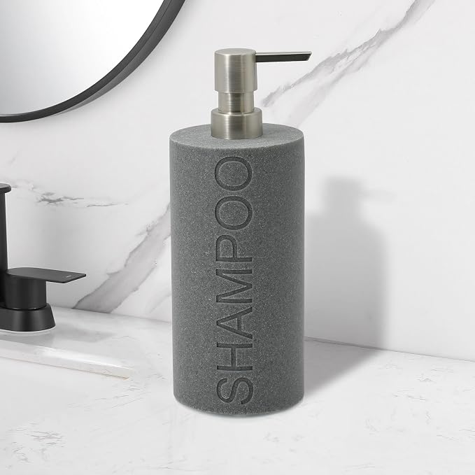 Resin Neutral Gray Sandstone Shampoo Engraved Bottle Refillable Pump Dispenser - Image 5