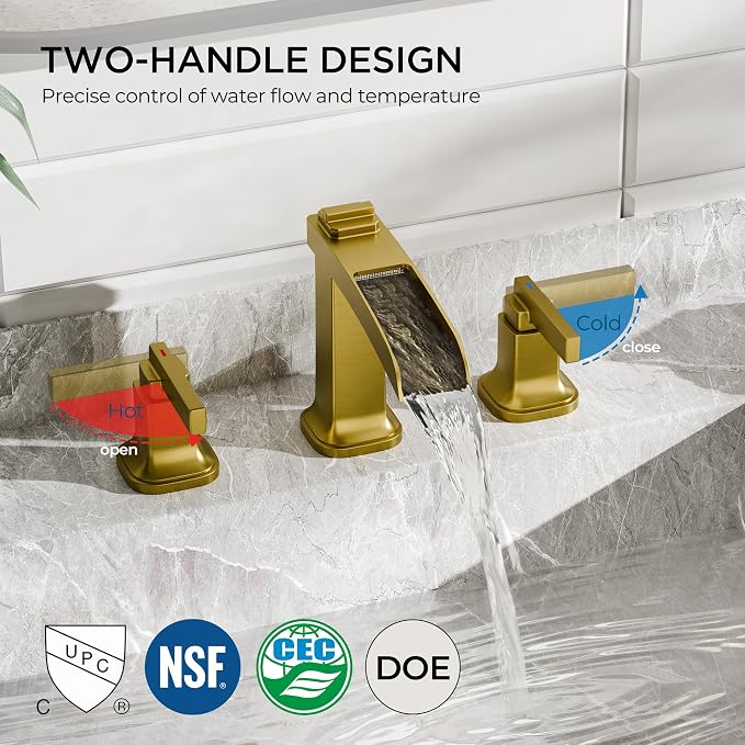 FORIOUS Brass Waterfall Brushed Gold Bathroom Faucets 3 Hole, Modern Widespread - Image 4
