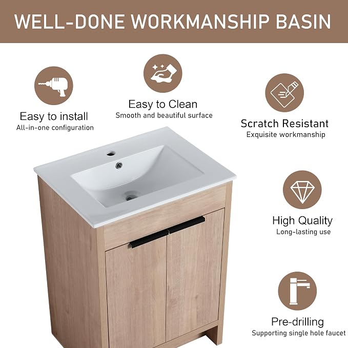 24 Inch Bathroom Vanity with Ceramic Sink, Freestanding Brown Single Sink - Image 3