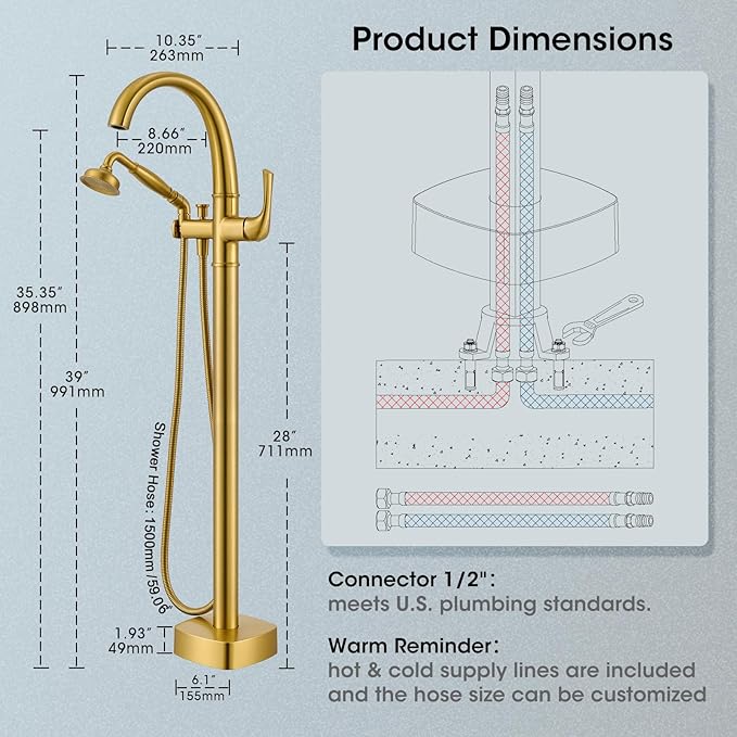 Free Standing Tub Faucet, Jabbol Luxury Freestanding Bathtub Faucet - Image 6