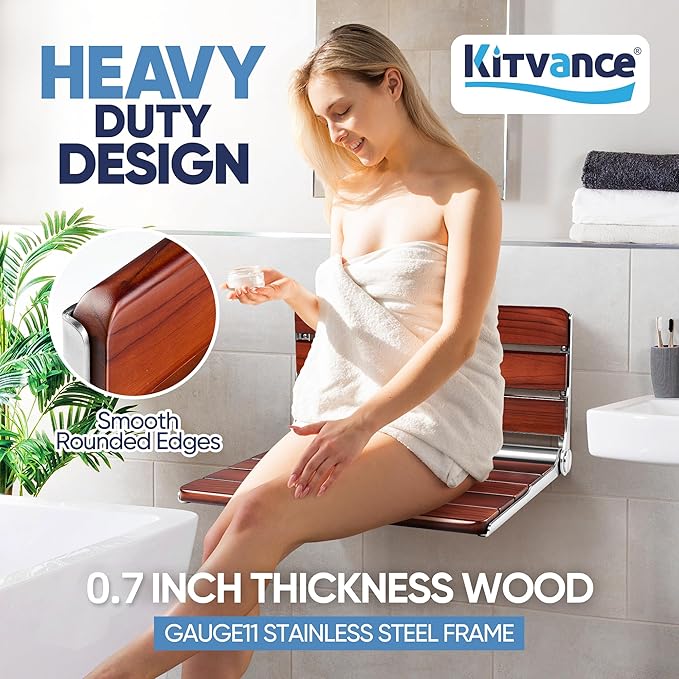 New Upgraded 20" Folding Teak Shower Seat Wall Mounted – 400 lbs Teak Wood - Image 4