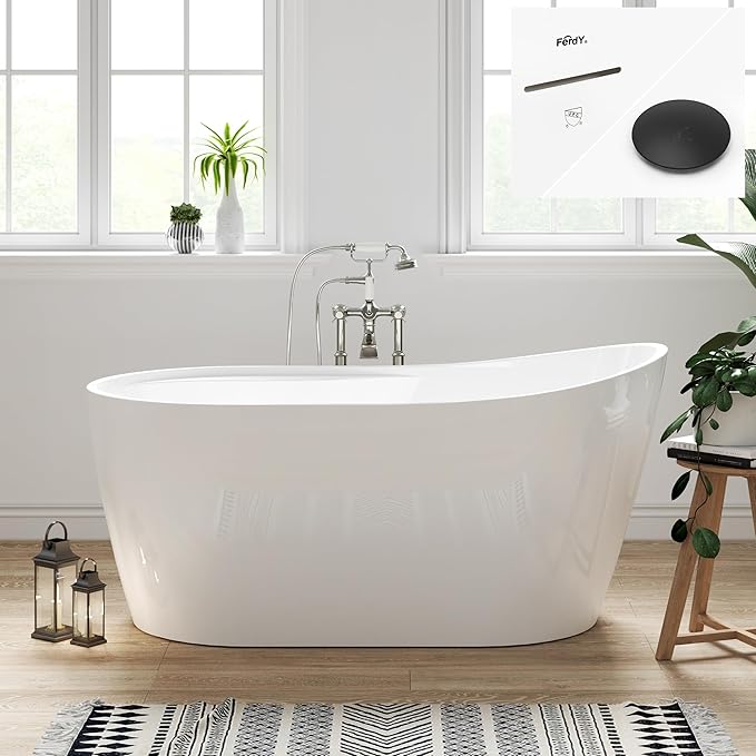 FerdY Lana'i 60" Freestanding Bathtub, Gracefully Shaped Freestanding Soaking by FerdY