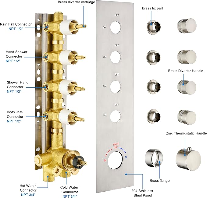 Brass Brushed-Nickel 4-Way Thermostatic Shower Diverter Valve - Image 5