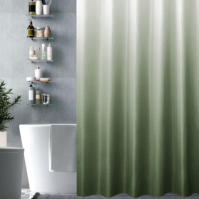 Gibelle Long Shower Curtain 72 x 78, Tall Sage Green Ombre, Waffle Weave Fabric - Image 6