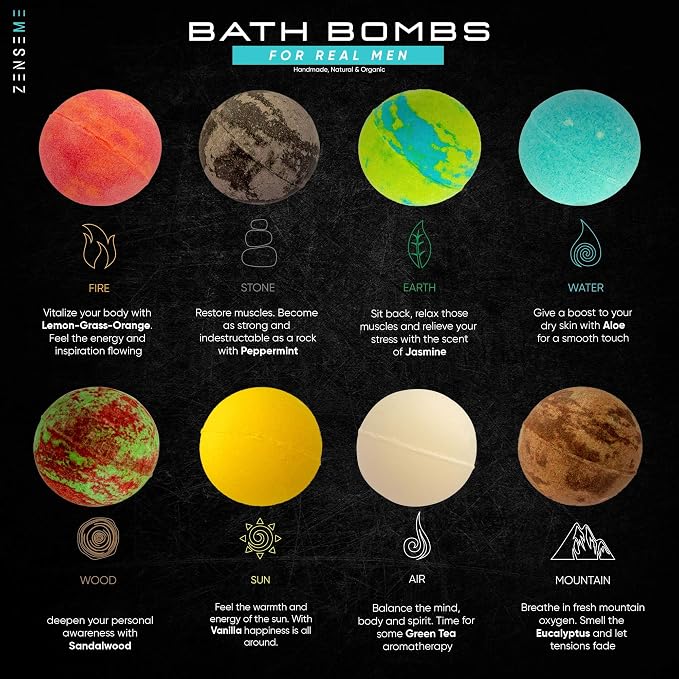 Bath Bombs for Men, Gift Set of 8 Scented Organic Handmade Bath Bombs of 2.5 oz - Image 2