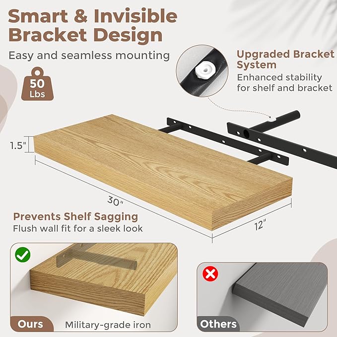 30 Inch Floating Shelves for Wall Set of 2, Easy Install Engineered Wood - Image 3