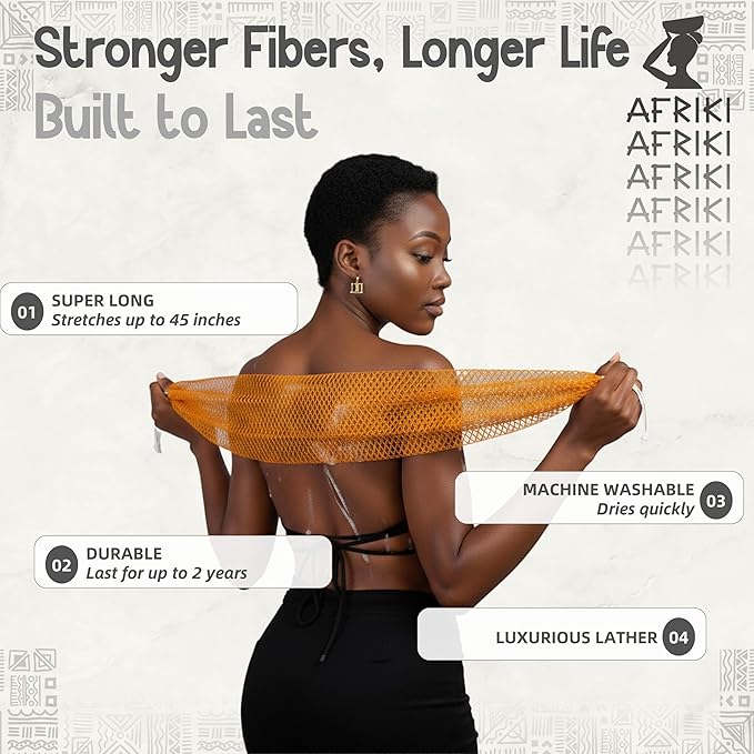 AFRIKI African Net Sponge – Exfoliating Body Scrubber, All Skin Types | 45 in - Image 3