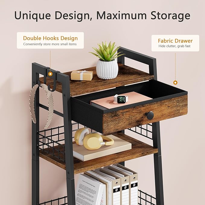 4-Tier Ladder Shelf with Drawer, Bathroom Stand Floor Storage Shelf, - Image 6