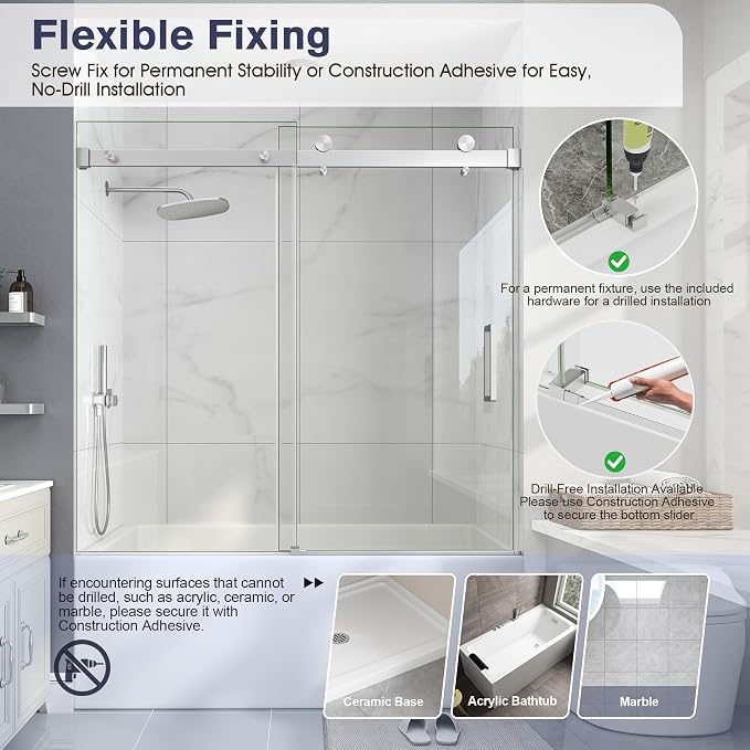 Frameless Bathtub Shower Door, 55-60" W x 60" H Sliding Tub Shower Door - Image 9