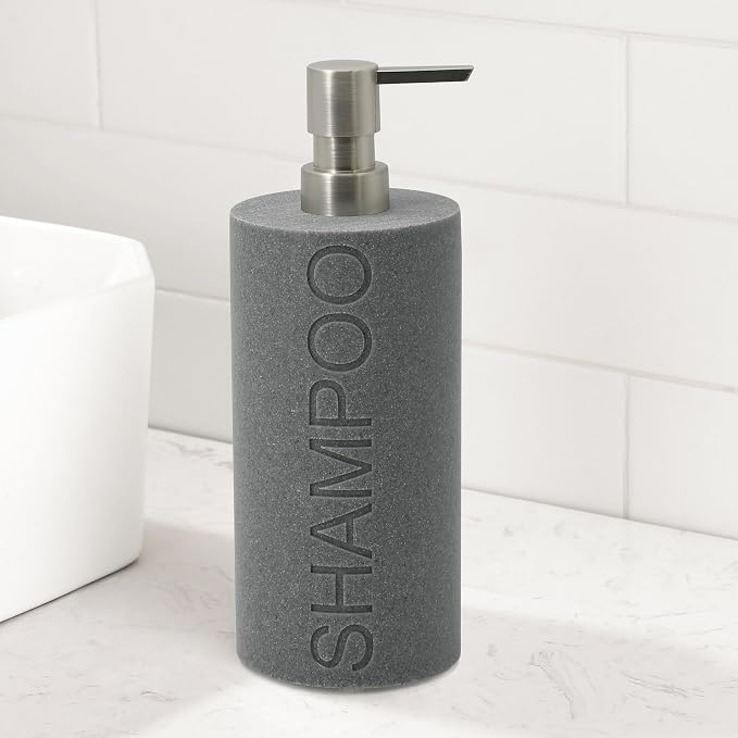Resin Neutral Gray Sandstone Shampoo Engraved Bottle Refillable Pump Dispenser - Image 3