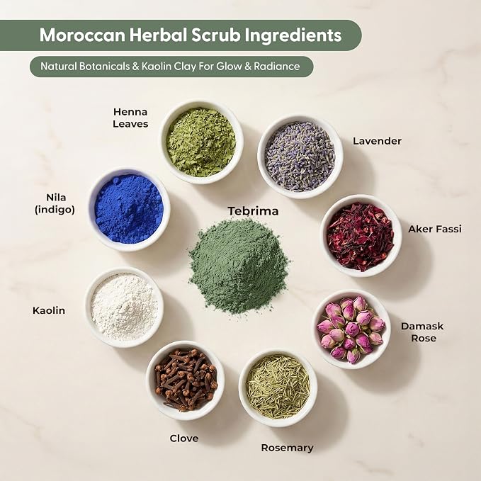 Moroccan Tebrima Herbal Exfoliating Body Scrub Powder | Natural Body Exfoliator - Image 3