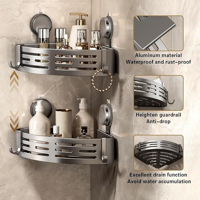 VOLPONE Shower Caddy Corner Suction Cup Shelf Corner No Drilling Bathroom - Image 3