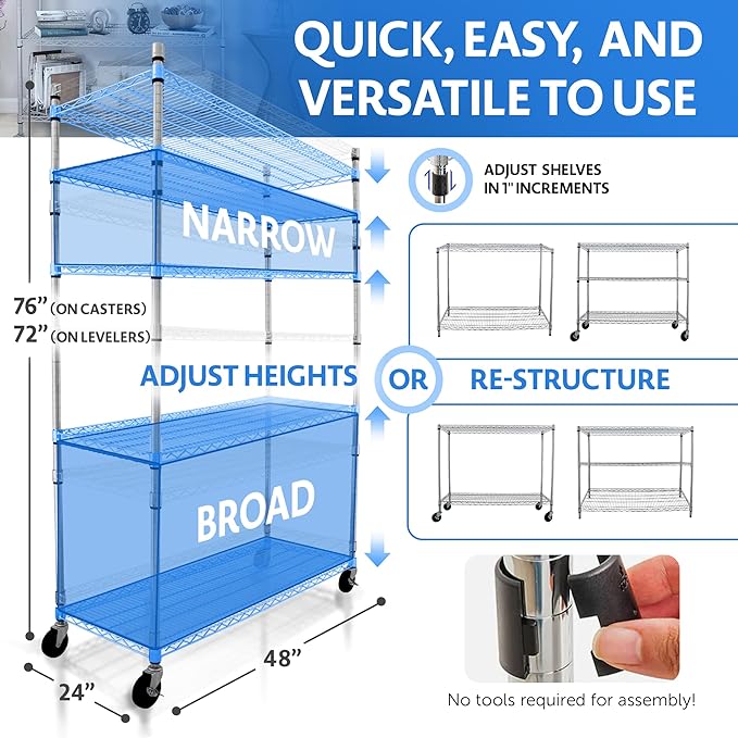 4000 LBS Heavy Duty Wire Rack 48 x 24 x 76, 5-Tier NSF Commercial Rolling Rack - Image 2
