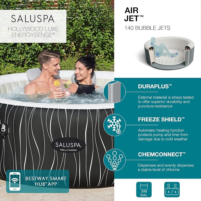 Bestway SaluSpa Hollywood EnergySense Luxe AirJet Round Inflatable 4 to 6 Adult - Image 3