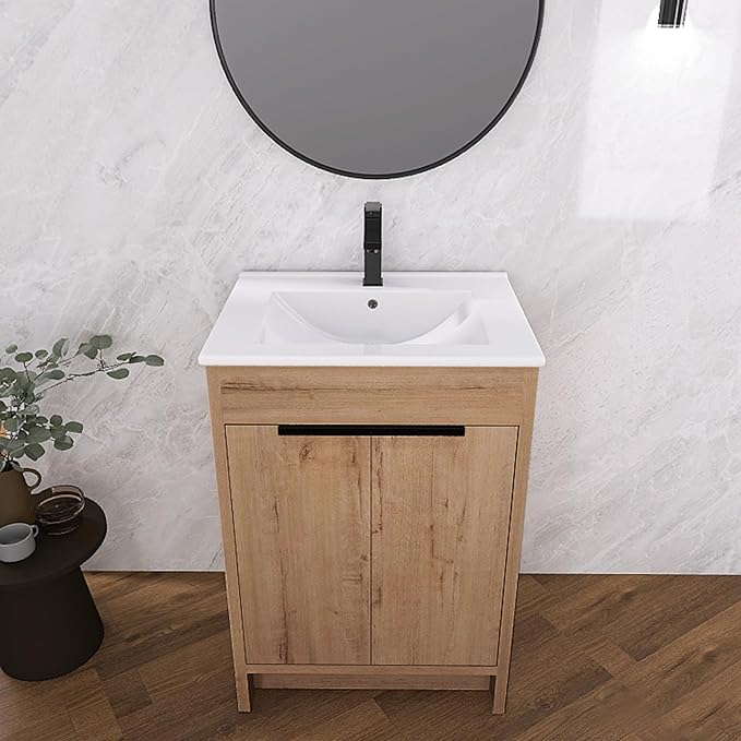 24 Inch Bathroom Vanity with Ceramic Sink, Freestanding Brown Single Sink - Image 6