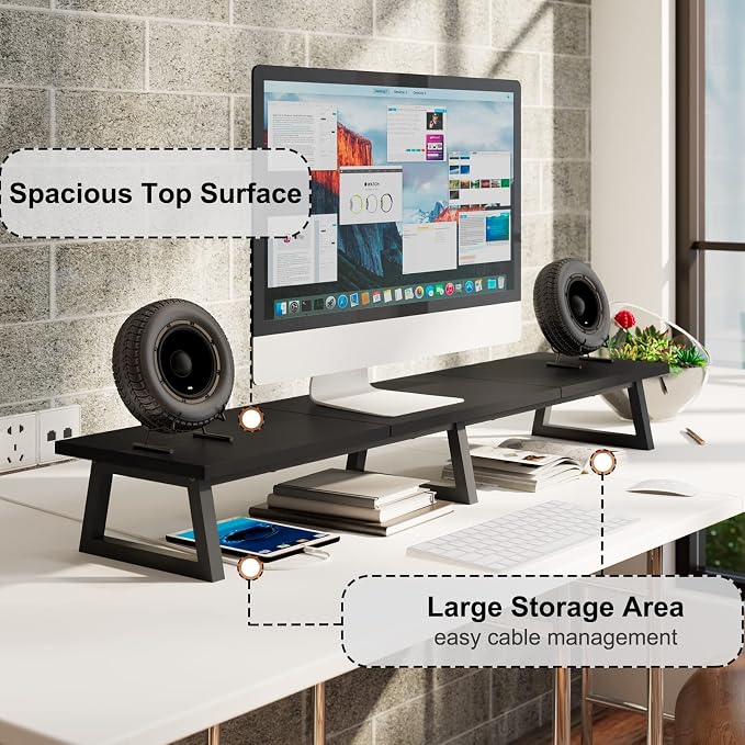 TEAMIX Black 42 inch Dual Monitor Riser, Wood and Steel Long Monitor Stand - Image 3