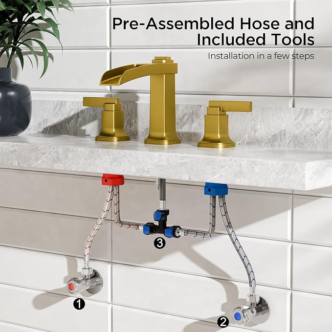 FORIOUS Brass Waterfall Brushed Gold Bathroom Faucets 3 Hole, Modern Widespread - Image 6