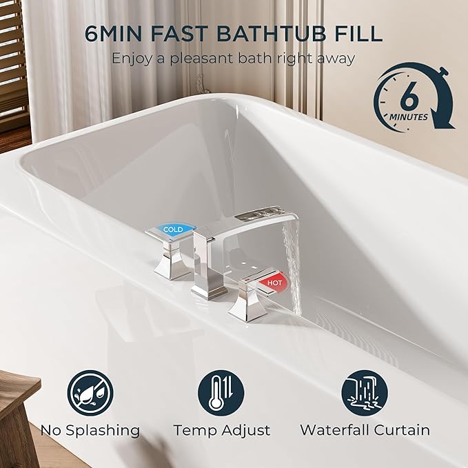 FORIOUS Waterfall Bathtub Faucet Set 3 Hole Chrome, 2 Handle Deck Mount Roman - Image 7