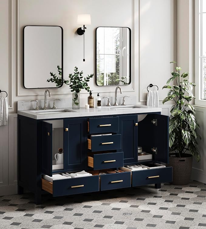 ARIEL Cambridge 60 Inch Midnight Blue Bathroom Vanity Double Sink, Solid Wood - Image 4