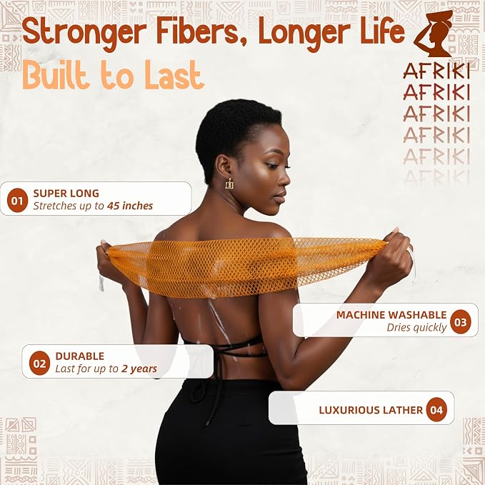 AFRIKI African Net Sponge – Exfoliating Body Scrubber, All Skin Types | 45 in - Image 3