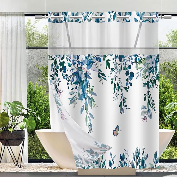 No Hook Shower Curtain and Liner Set, Dark Blue Eucalyptus Floral Shower by TWLSNCD