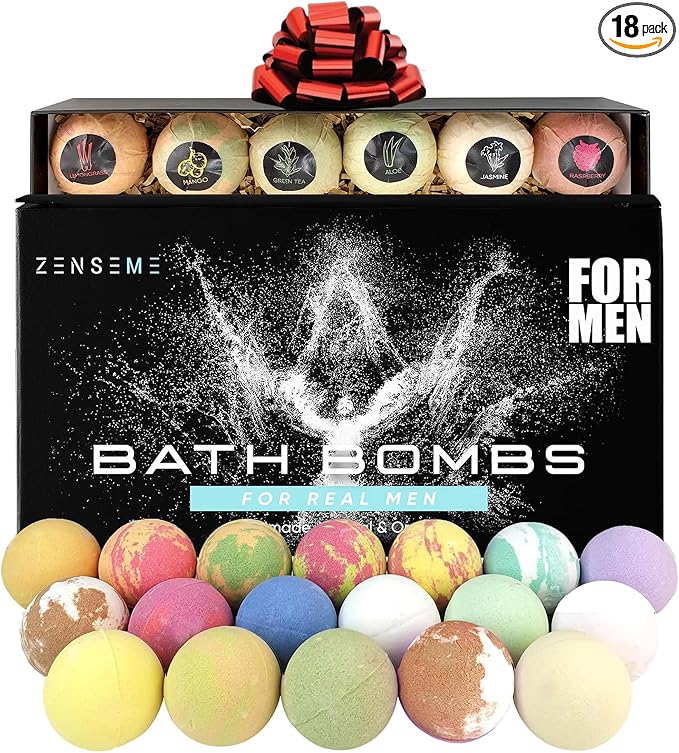 Bath Bombs for Men, Gift Set of 18 Scented Organic Handmade Bath Bombs of 2.5 oz by Zenseme