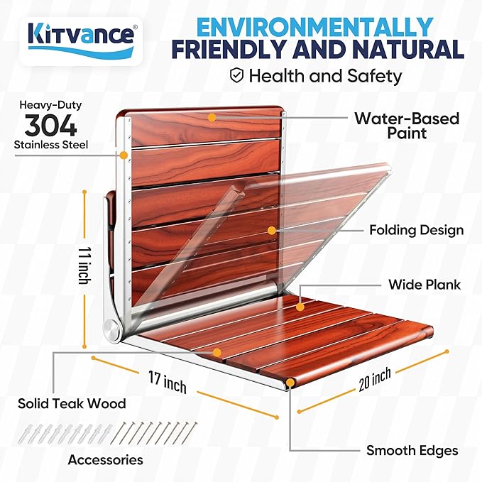 New Upgraded 20" Folding Teak Shower Seat Wall Mounted – 400 lbs Teak Wood - Image 5
