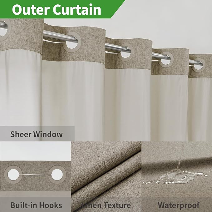 Extra Long No Hooks Needed Linen Textured Shower Curtain - Image 4