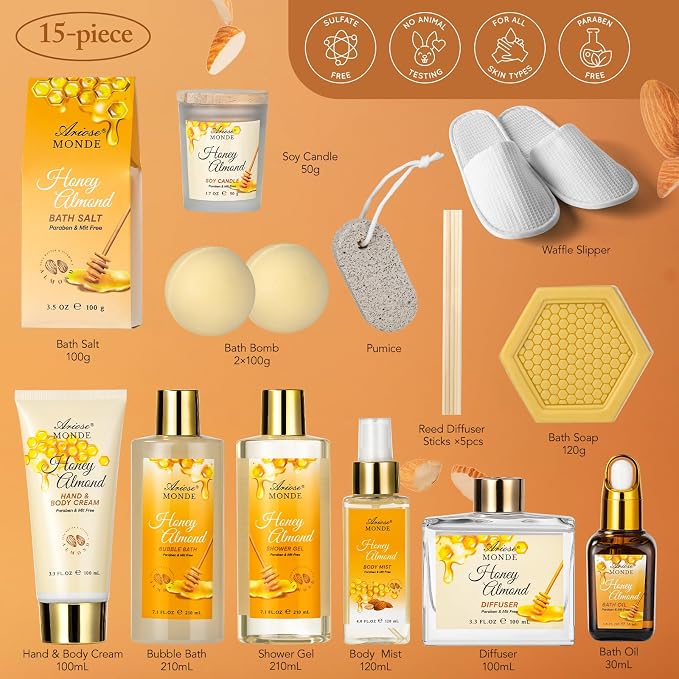 Bath & Body Gift Set, Luxury Home Spa Bath Gift Basket, Honey Almond Scented - Image 2