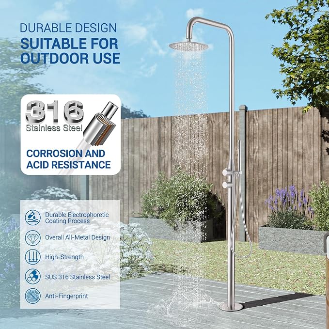 Freestanding Outdoor Shower Kit, 316 Marine Grade Stainless Steel Outside - Image 2