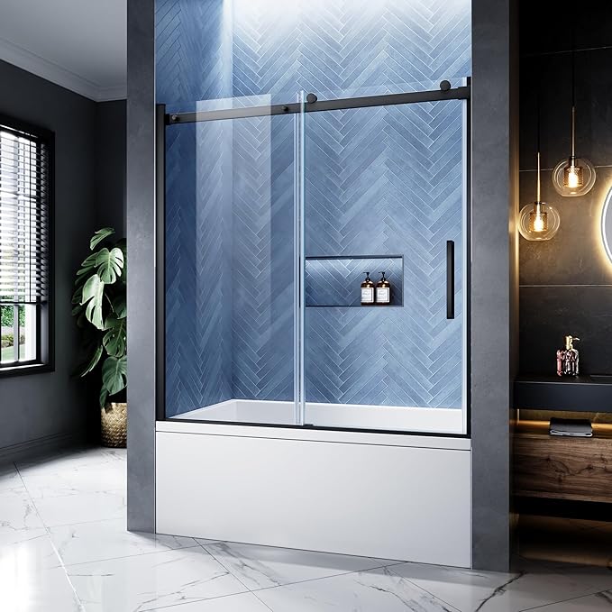 Bathtub Shower Door, 56-60" W x 60" H Frameless Single Sliding Tub Shower Door by Unknown