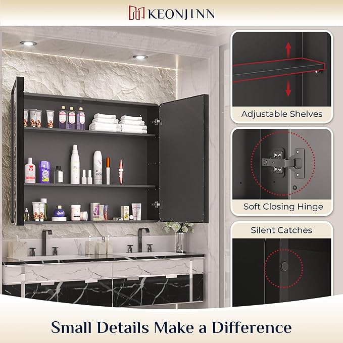 Keonjinn 48 x 32 Inch Large Black Medicine Cabinets, Recessed Bathroom Medicine - Image 7