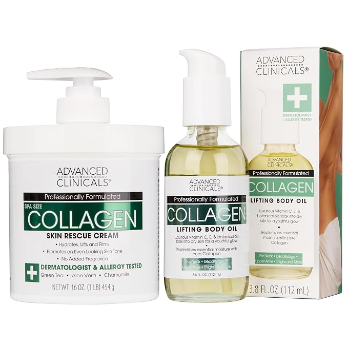 Advanced Clinicals Collagen Body Oil + Unscented Collagen Cream Body Lotion & by AdvancedClinicals