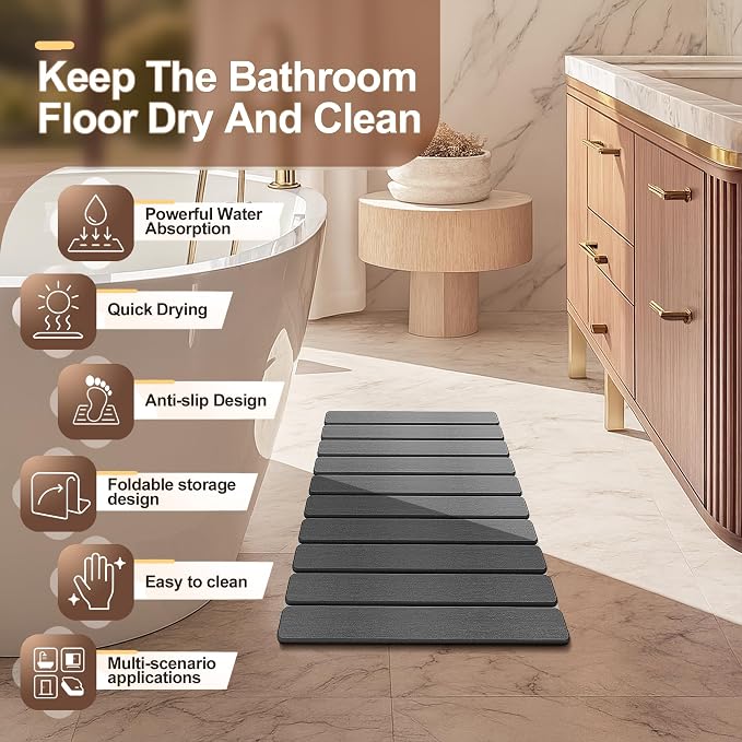 Foldable Stone Bath Mat, Diatomaceous Earth Shower Mat, Non-Slip Quick Dry Bath - Image 3