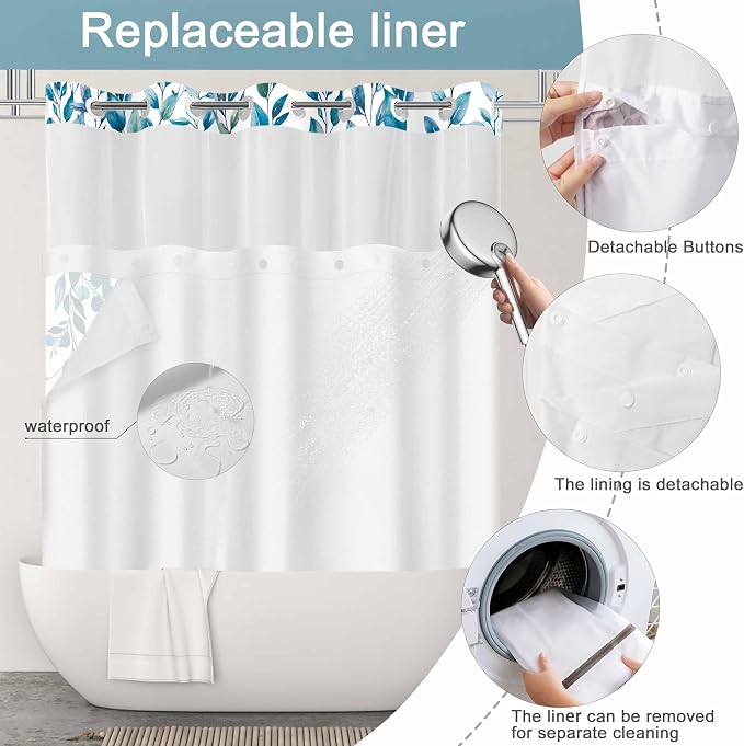 No Hook Shower Curtain and Liner Set, Dark Blue Eucalyptus Floral Shower - Image 5