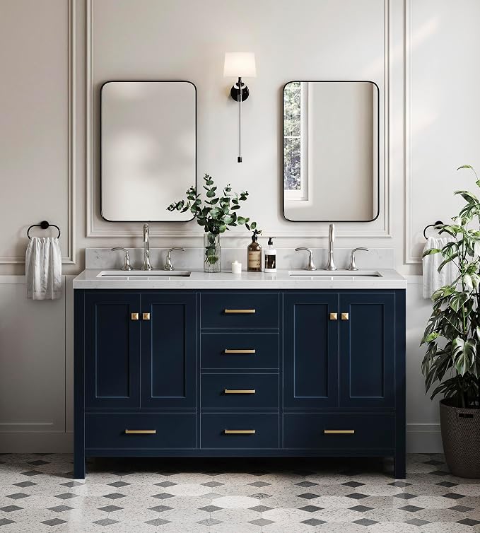 ARIEL Cambridge 60 Inch Midnight Blue Bathroom Vanity Double Sink, Solid Wood by Ariel