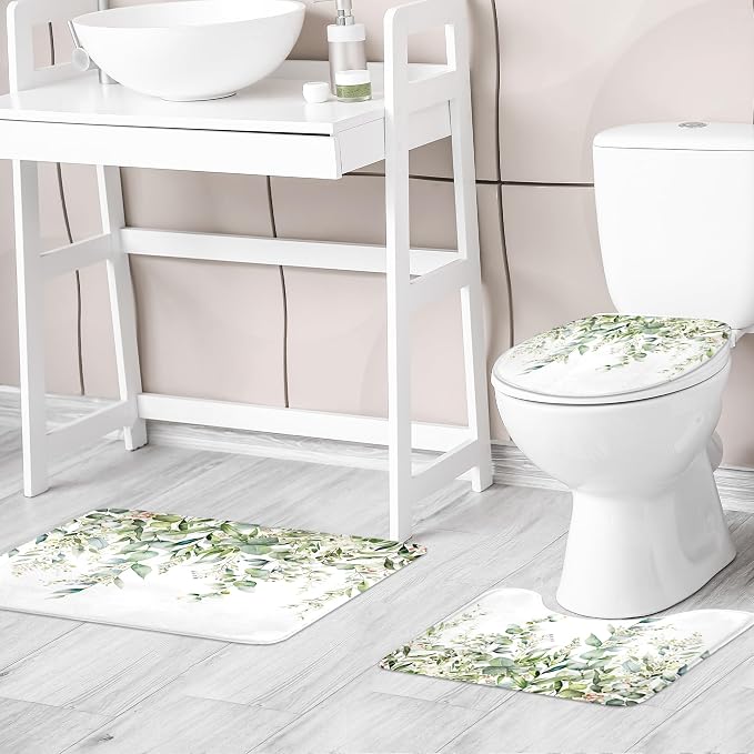Riyidecor Green Eucalyptus 4Pcs Bathroom Shower Curtain Sets Plants Botanical - Image 2