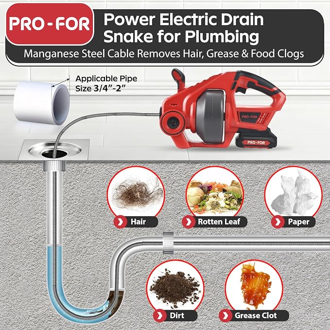 20V Cordless Electric Drain Auger, 25Ft Auto-Feed Drain Snake, Replaceable Cable - Image 8