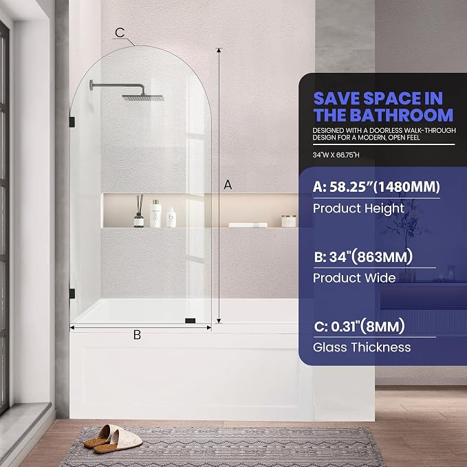 34" W X 58.25" H Tub Shower Door, Frameless Bathtub Glass Shower Door - Image 3