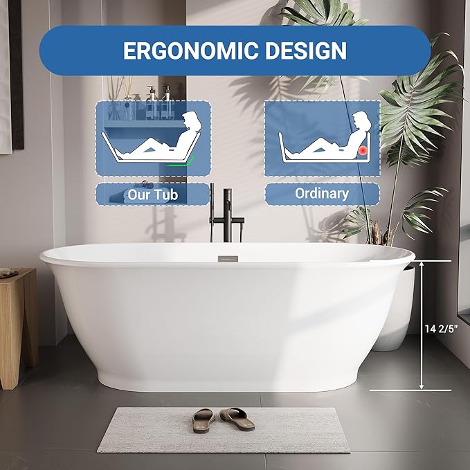 Freestanding Bathtub 67 Inch Oval Acrylic Soaker Tub – Glossy White Flared-Edge - Image 4