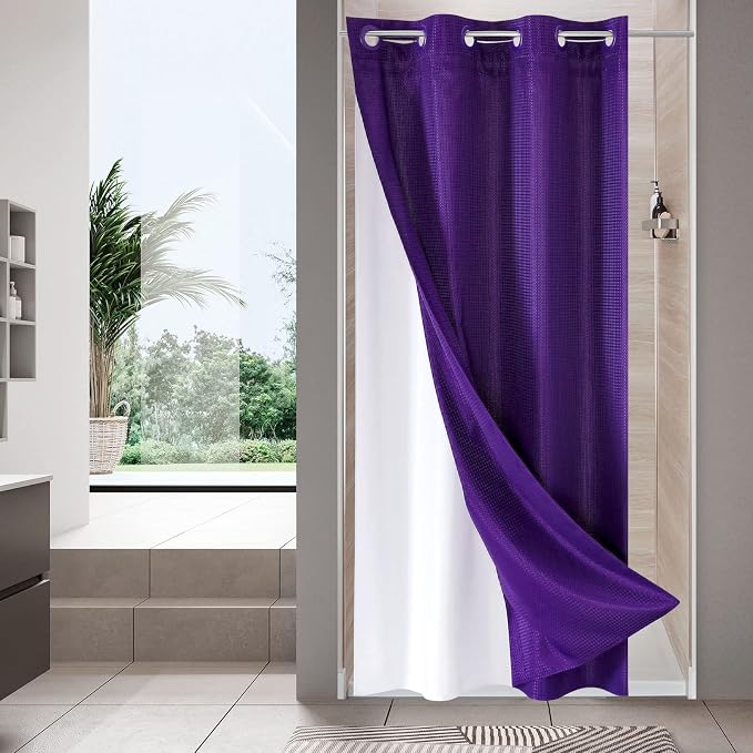 MitoVilla Purple Waffle Small Stall Shower Curtain Liner Set 36 x 74, No Hooks by MitoVilla