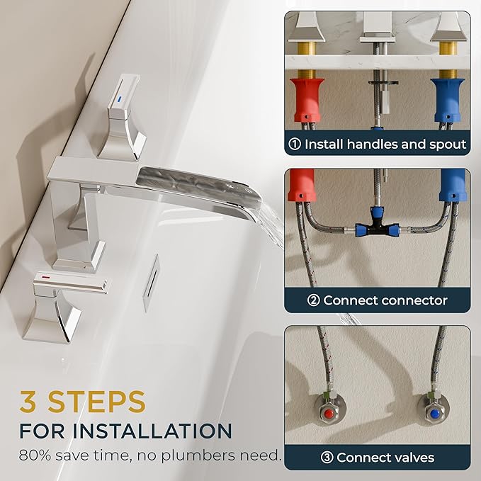 FORIOUS Waterfall Bathtub Faucet Set 3 Hole Chrome, 2 Handle Deck Mount Roman - Image 3