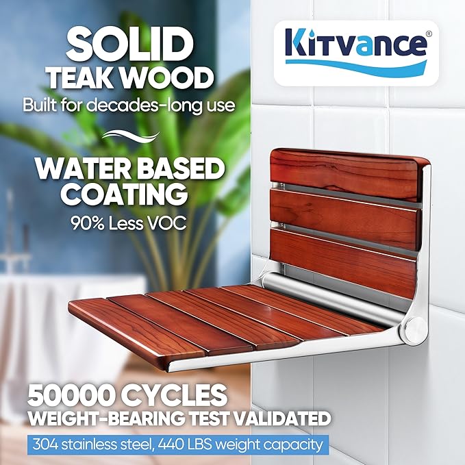 New Upgraded 20" Folding Teak Shower Seat Wall Mounted – 400 lbs Teak Wood - Image 2