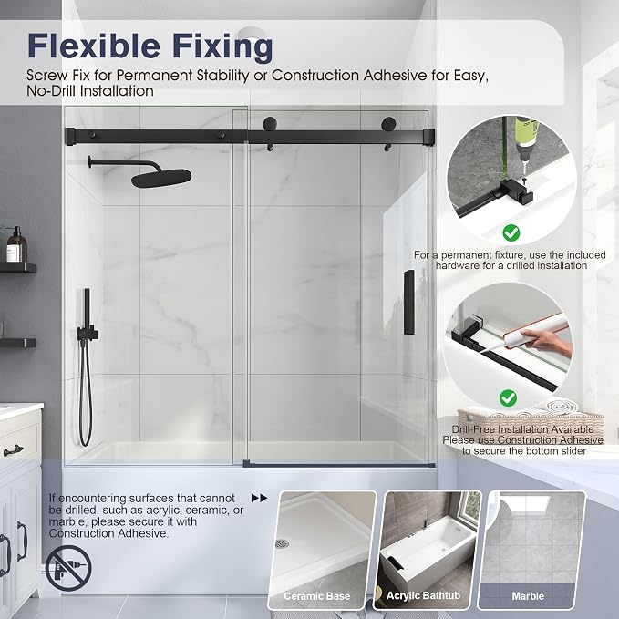 Frameless Bathtub Shower Door, 55-60" W x 60" H Sliding Tub Shower Door - Image 9