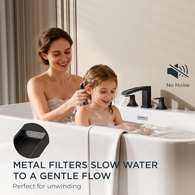 FORIOUS Waterfall Black Bathtub Faucet Set 3 Hole, 2 Handle Deck Mount Roman - Image 5