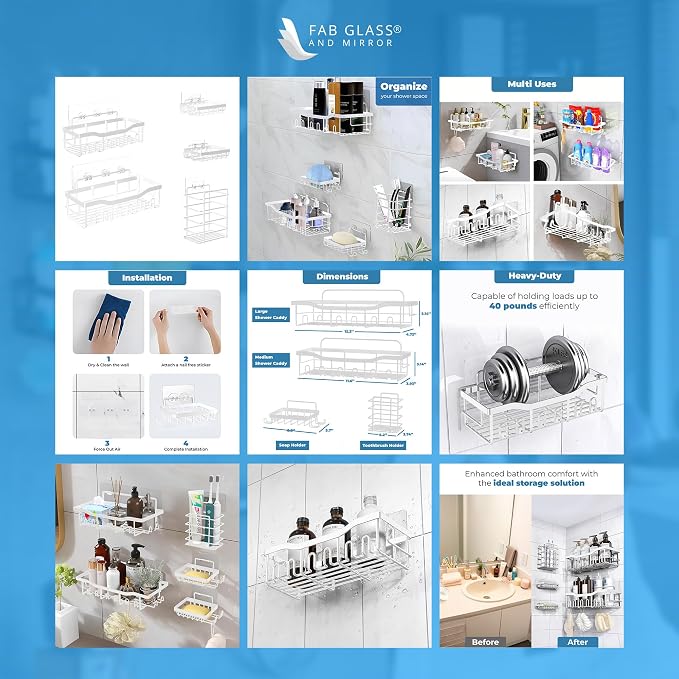 Fab Glass and Mirror Shower Caddy Pack of 5, Wall Mounted Bathroom Caddy - Image 10