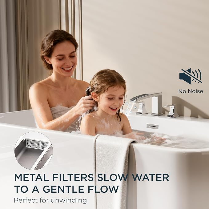 FORIOUS Waterfall Bathtub Faucet Set 3 Hole Chrome, 2 Handle Deck Mount Roman - Image 4