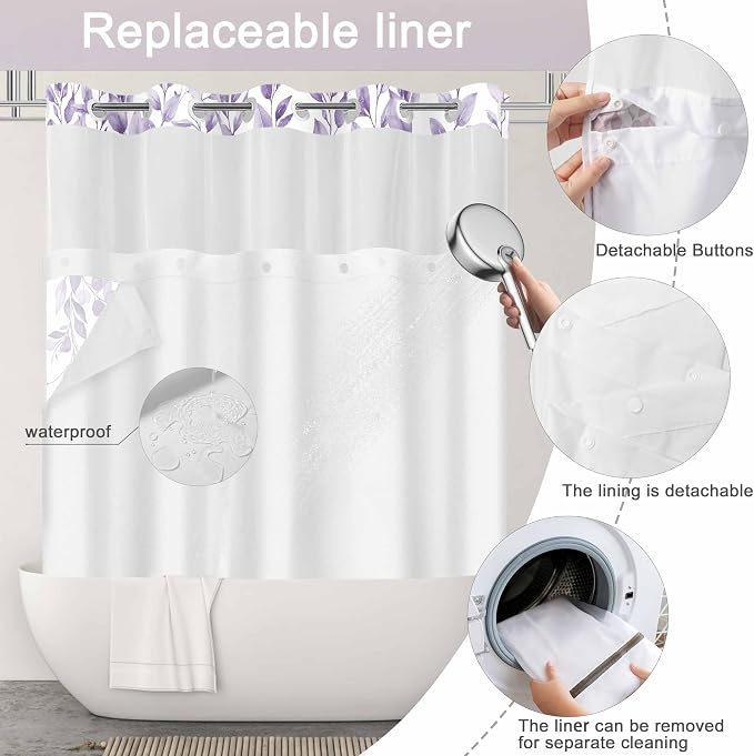 No Hook Shower Curtain and Liner Set, Light Purple Eucalyptus Floral Shower - Image 4
